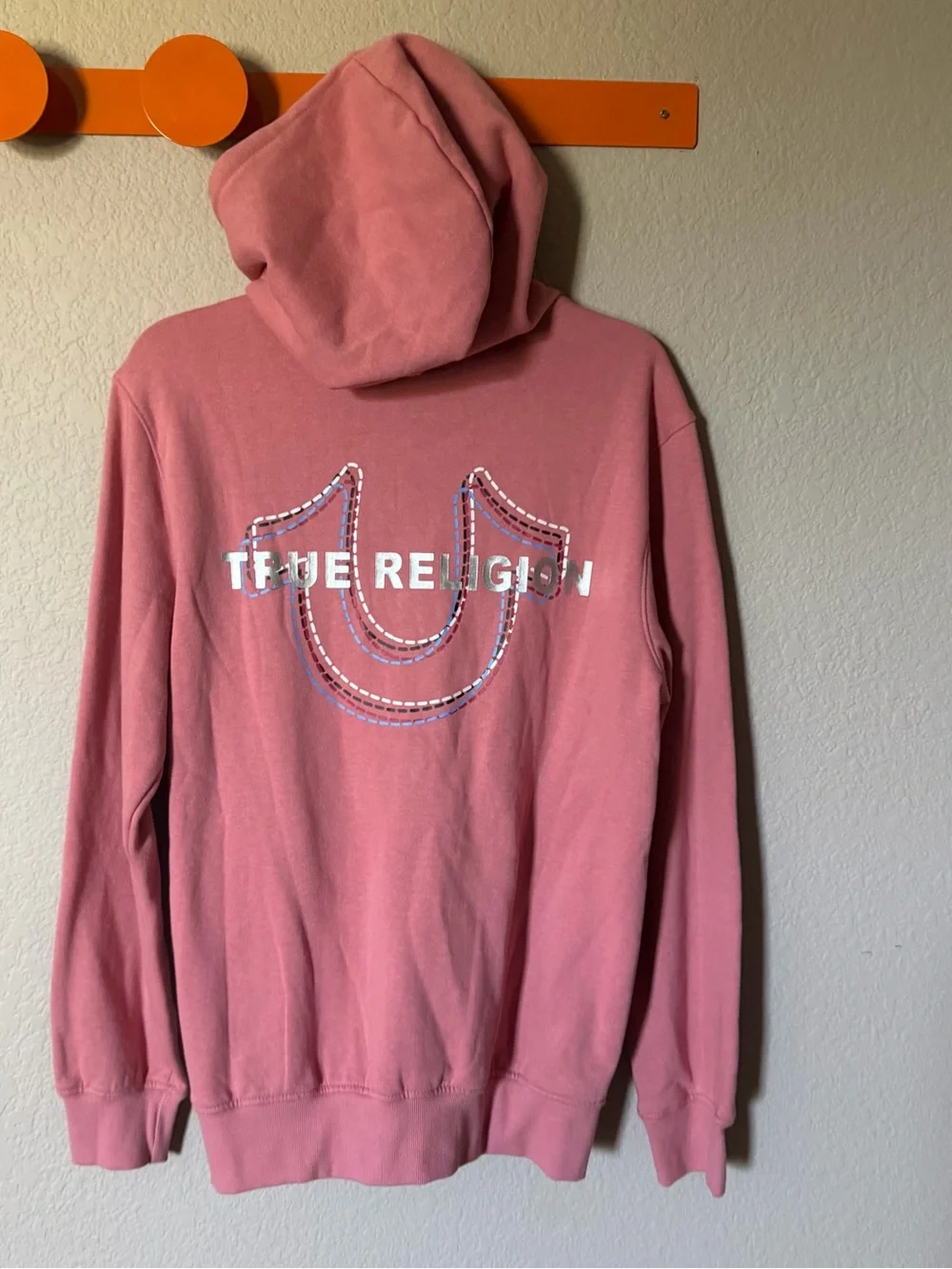 TRUE RELIGION Mens Small Zip Up Hoodie Pink Brandied Apricot Pockets NWT $118